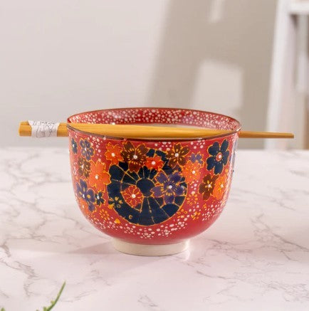 Urban Tokyo Donburi Bowl with Chopsticks - Floral Red