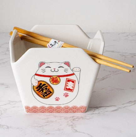 Urban Tokyo Takeout Box Serving Bowl with Chopsticks - Lucky Cat