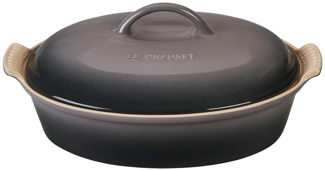Le Creuset 3.8L Oval Casserole With Lid Hetirage Stoneware Oyster - Kitchenalia Westboro